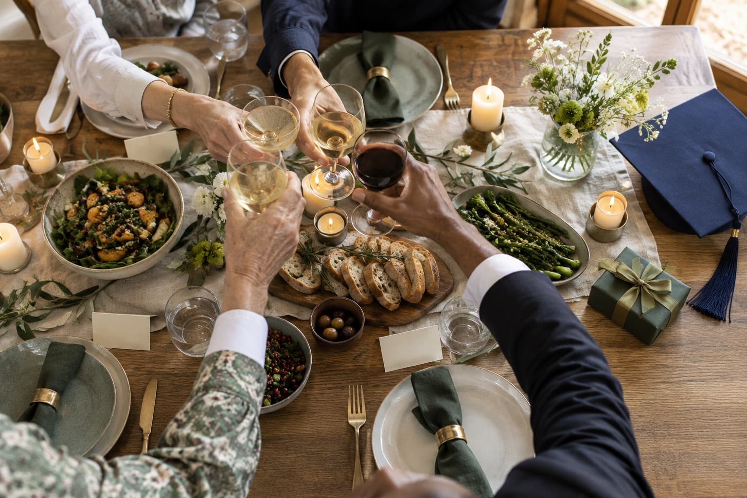 Family gathered around a graduation celebration table