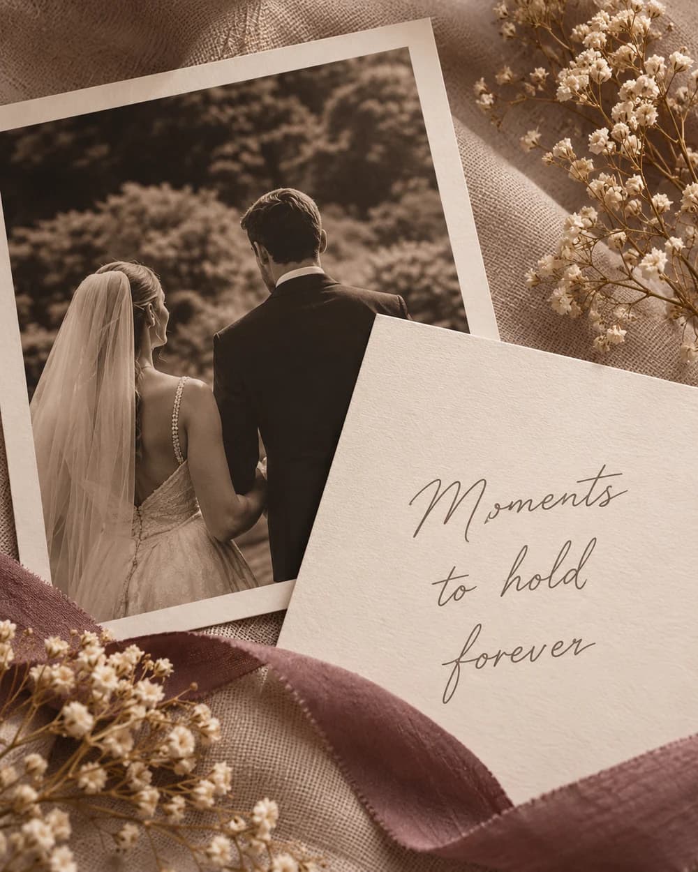 A printed wedding memory, handwritten note, ribbon and dried flowers