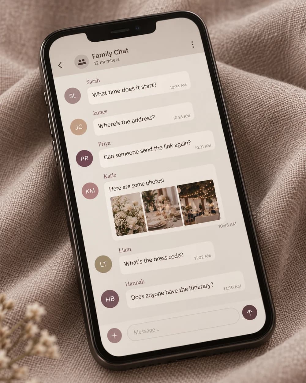 Illustrative family chat with celebration questions and photographs scattered between messages