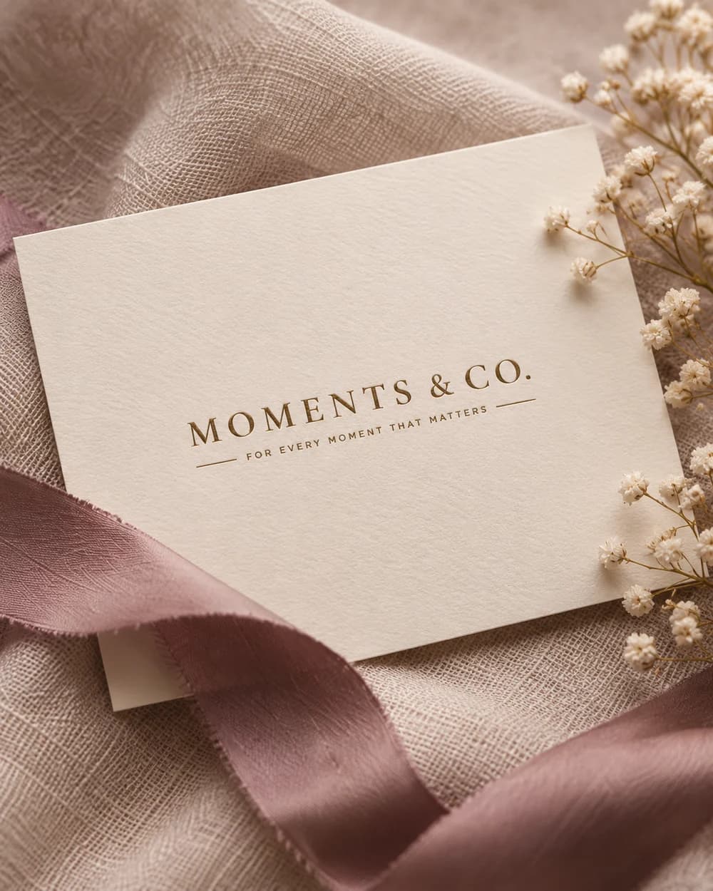 Moments&Co stationery on soft linen with plum ribbon and delicate flowers